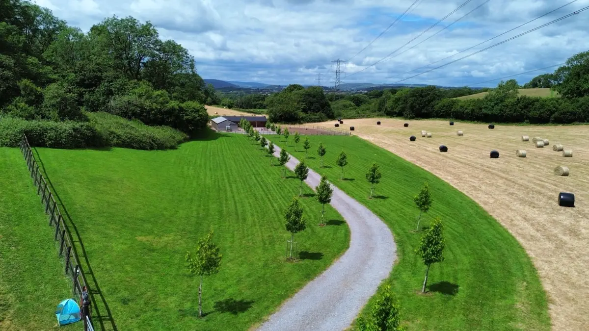 Aerial view of Doggie Day Camp's seven-acre countryside site near Peterston-super-Ely